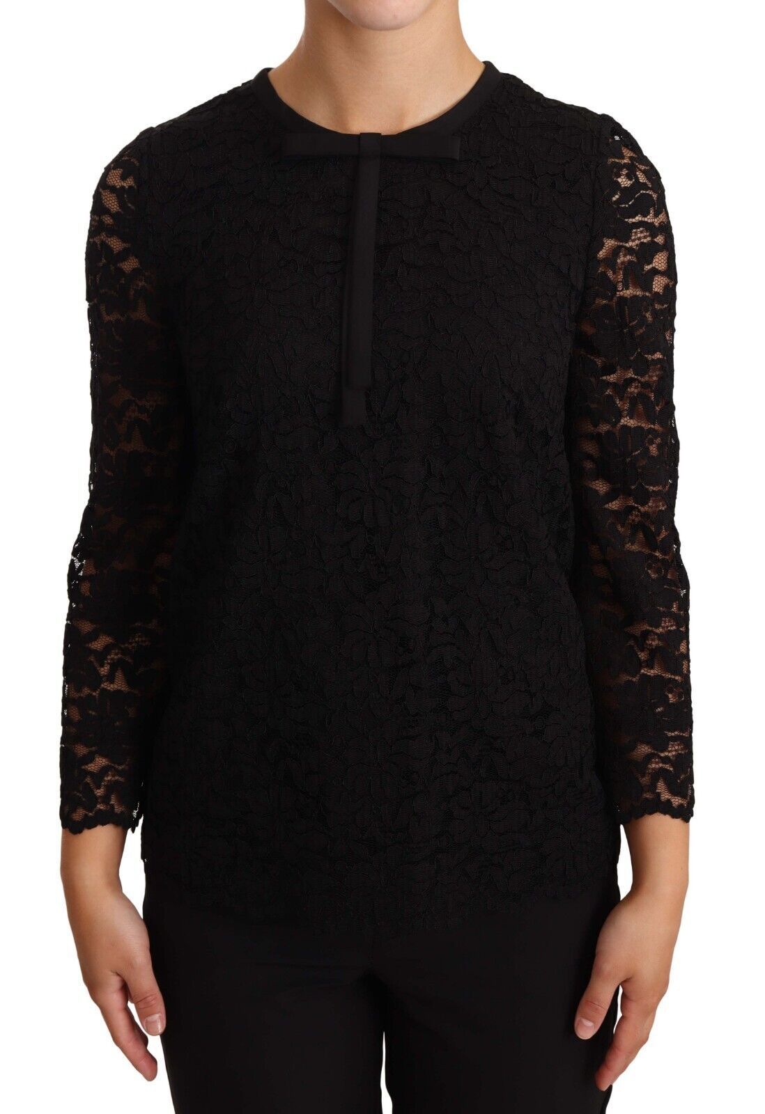 Dolce & Gabbana Schwarze Bluse aus Nylon mit Blumenstickerei und Spitze