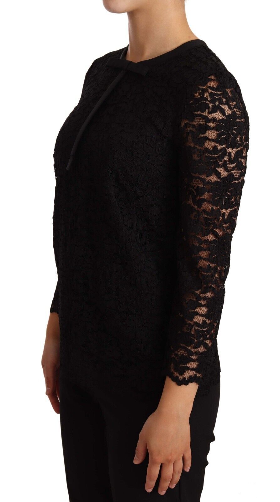 Dolce & Gabbana Schwarze Bluse aus Nylon mit Blumenstickerei und Spitze