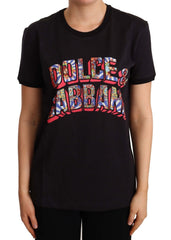 Dolce & Gabbana Schwarzes Baumwoll-T-Shirt mit großem Print und Rundhalsausschnitt