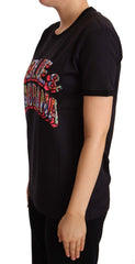 Dolce & Gabbana Schwarzes Baumwoll-T-Shirt mit großem Print und Rundhalsausschnitt