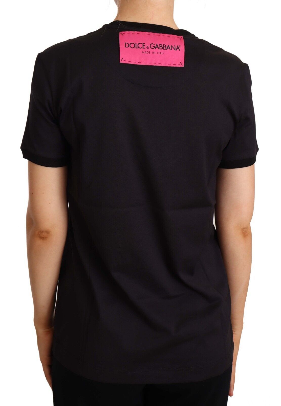 Dolce & Gabbana Schwarzes Baumwoll-T-Shirt mit großem Print und Rundhalsausschnitt