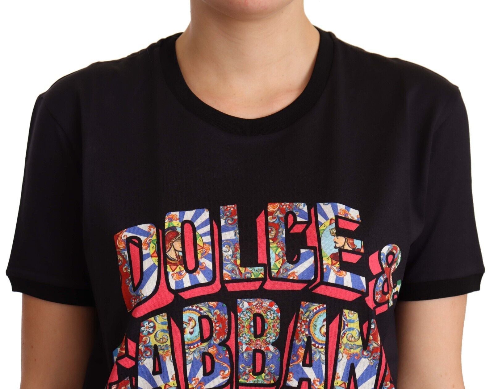 Dolce & Gabbana Schwarzes Baumwoll-T-Shirt mit großem Print und Rundhalsausschnitt