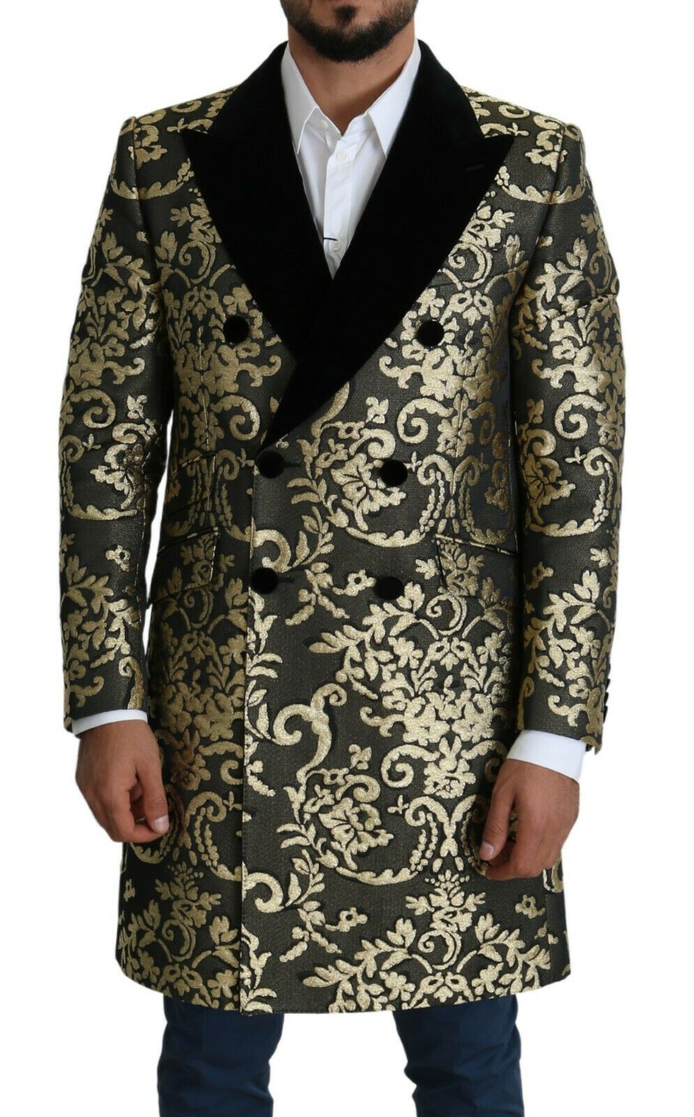 Dolce & Gabbana Schwarzer Gold-Jacquard-Langer Mantel SICILIA Jacke