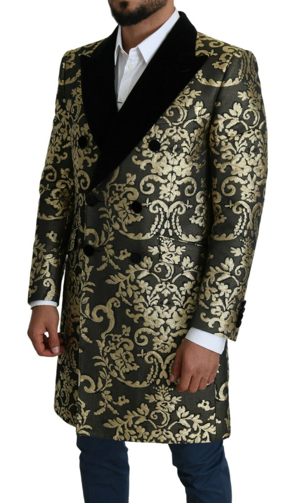Dolce & Gabbana Schwarzer Gold-Jacquard-Langer Mantel SICILIA Jacke