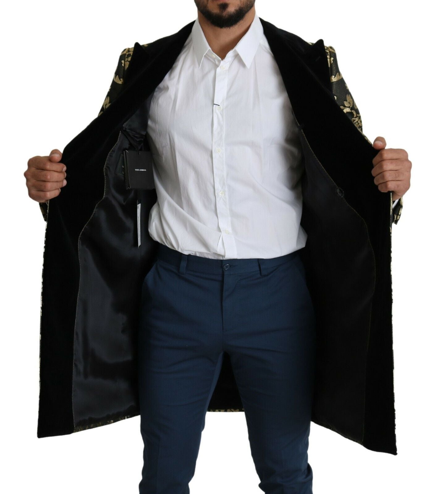 Dolce & Gabbana Schwarzer Gold-Jacquard-Langer Mantel SICILIA Jacke