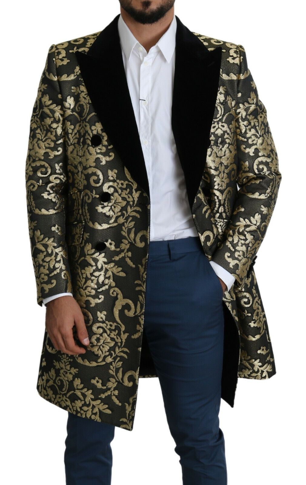 Dolce & Gabbana Schwarzer Gold-Jacquard-Langer Mantel SICILIA Jacke