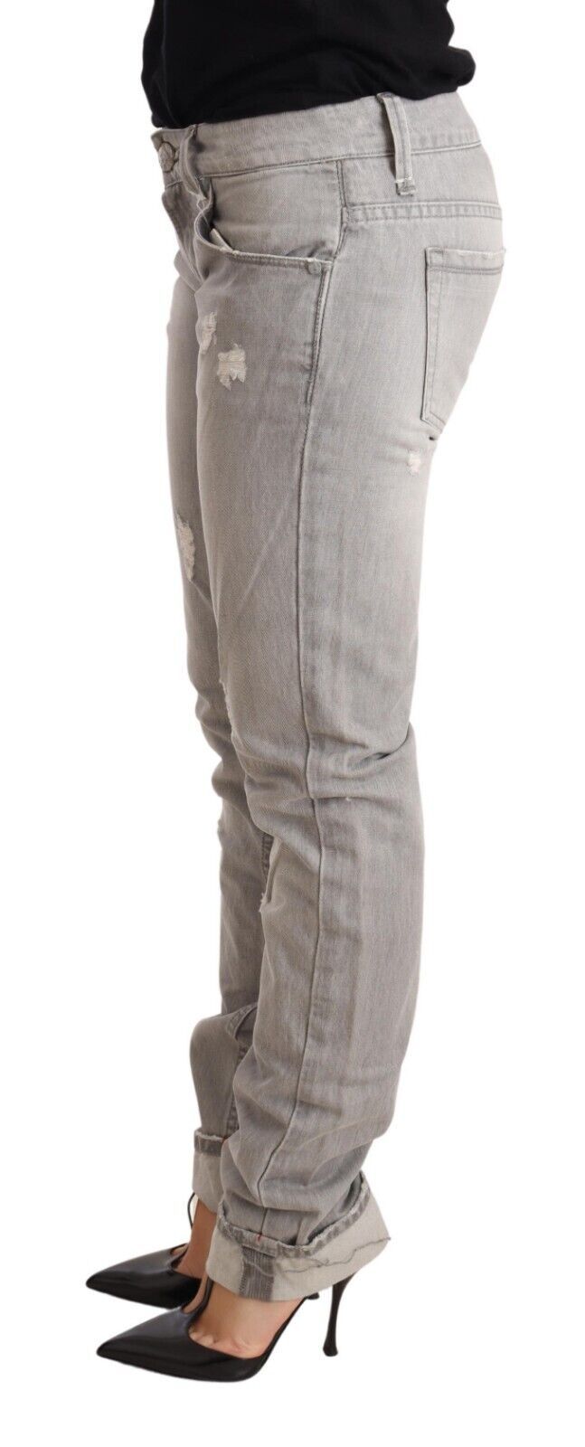 Acht Graue, zerrissene Baumwoll-Slim-Fit-Damenjeans mit umgeschlagenem Saum