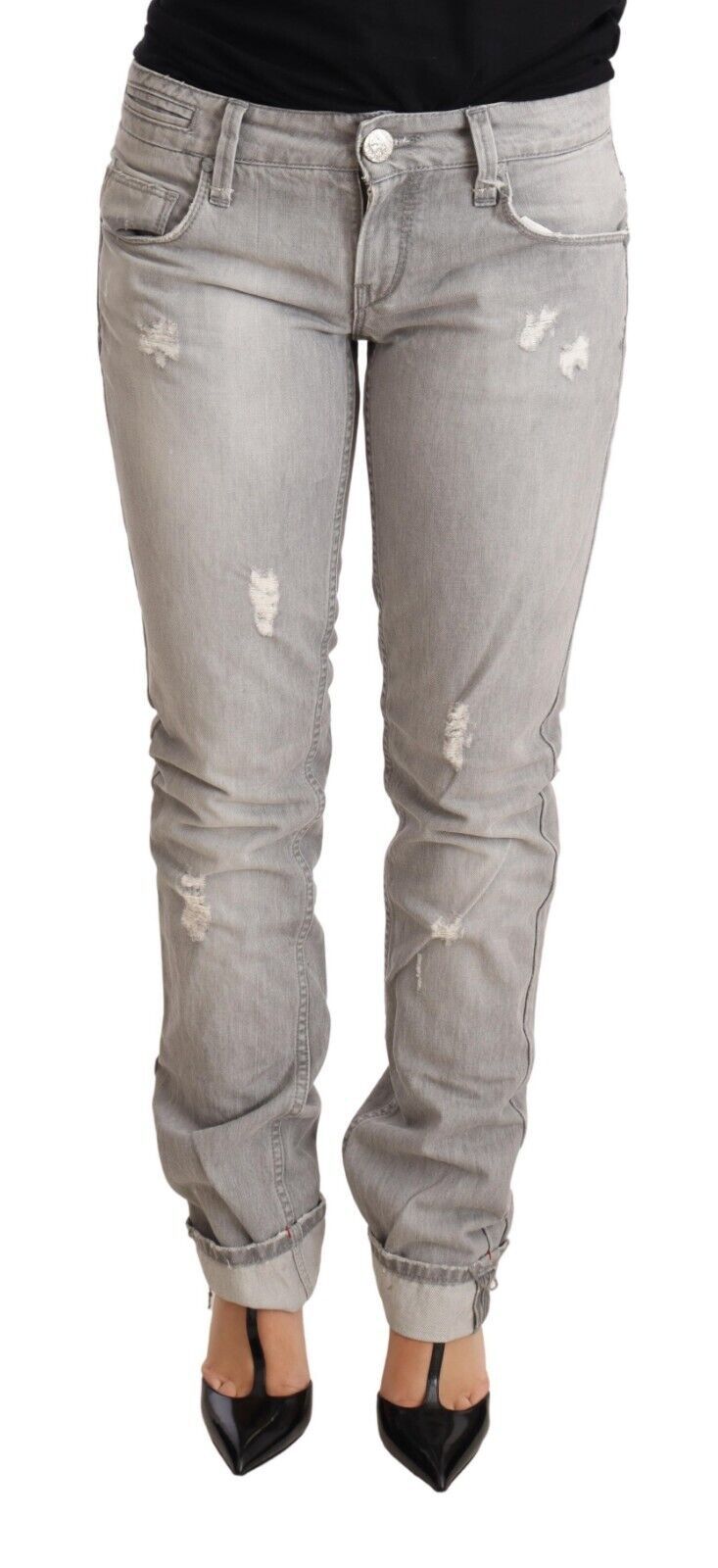 Acht Graue, zerrissene Baumwoll-Slim-Fit-Damenjeans mit umgeschlagenem Saum