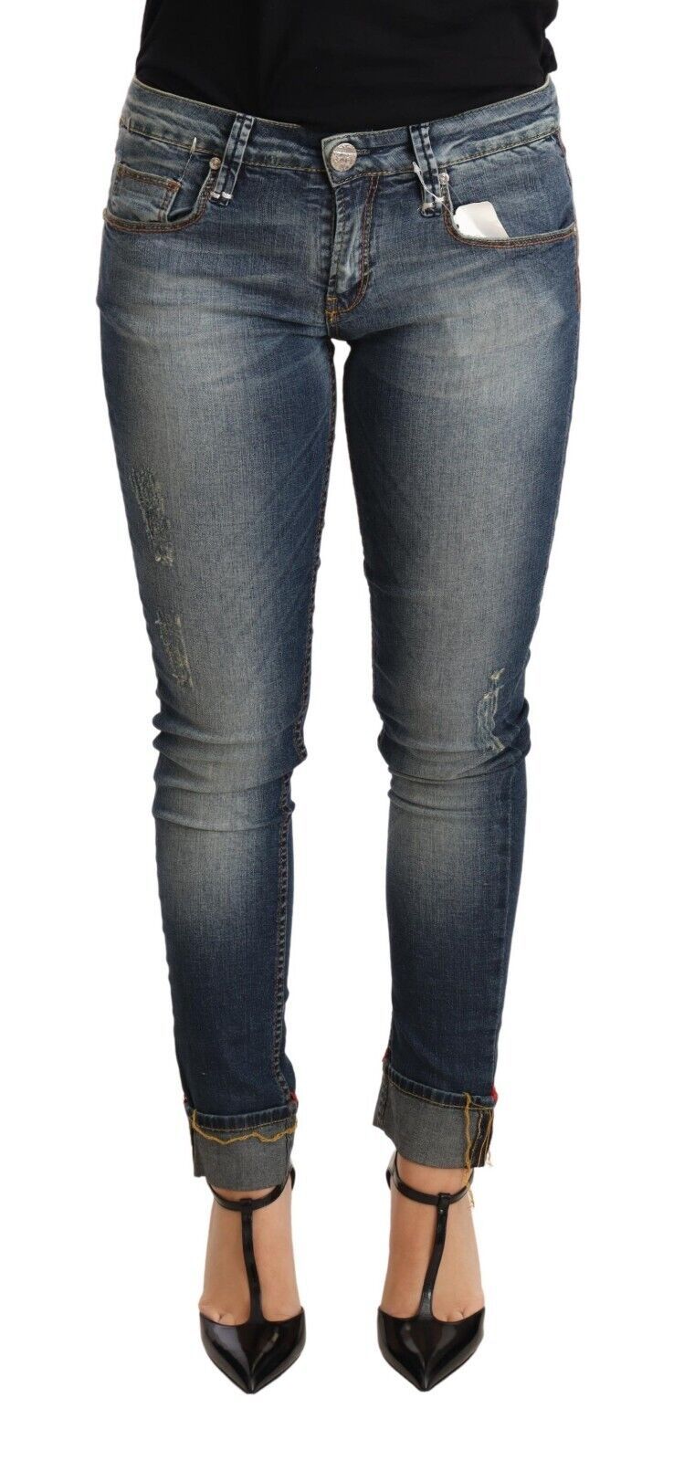 Acht Blue Washed Cotton Low Waist Skinny Denim Damenjeans