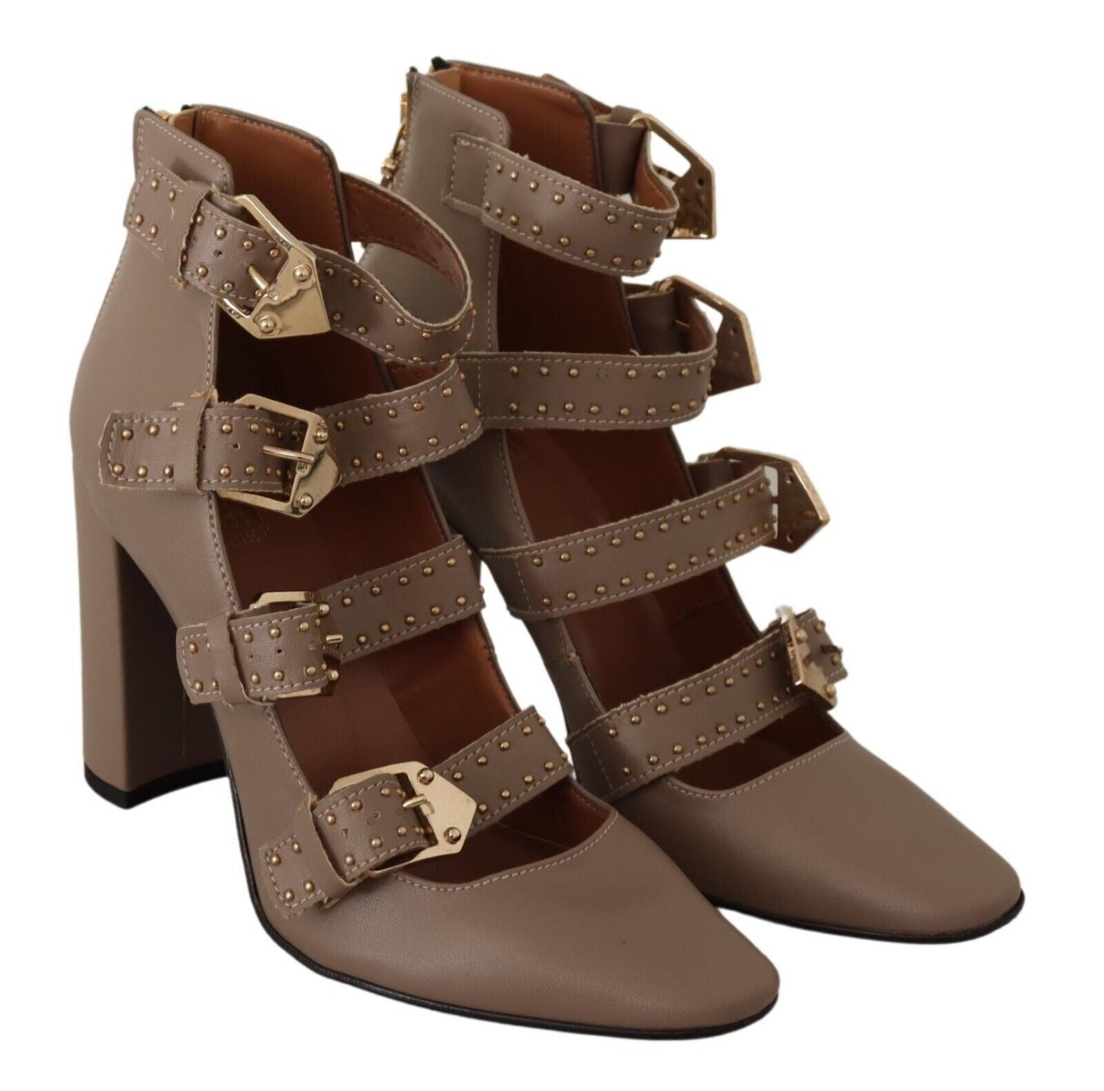 MY TWIN Braune Leder Blockabsatz Pumps mit mehreren Schnallen