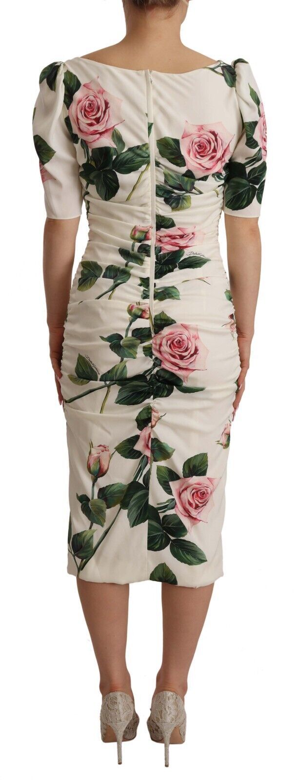 Dolce & Gabbana Plissiertes Kleid aus Stretch-Seide mit weißen Rosenmuster