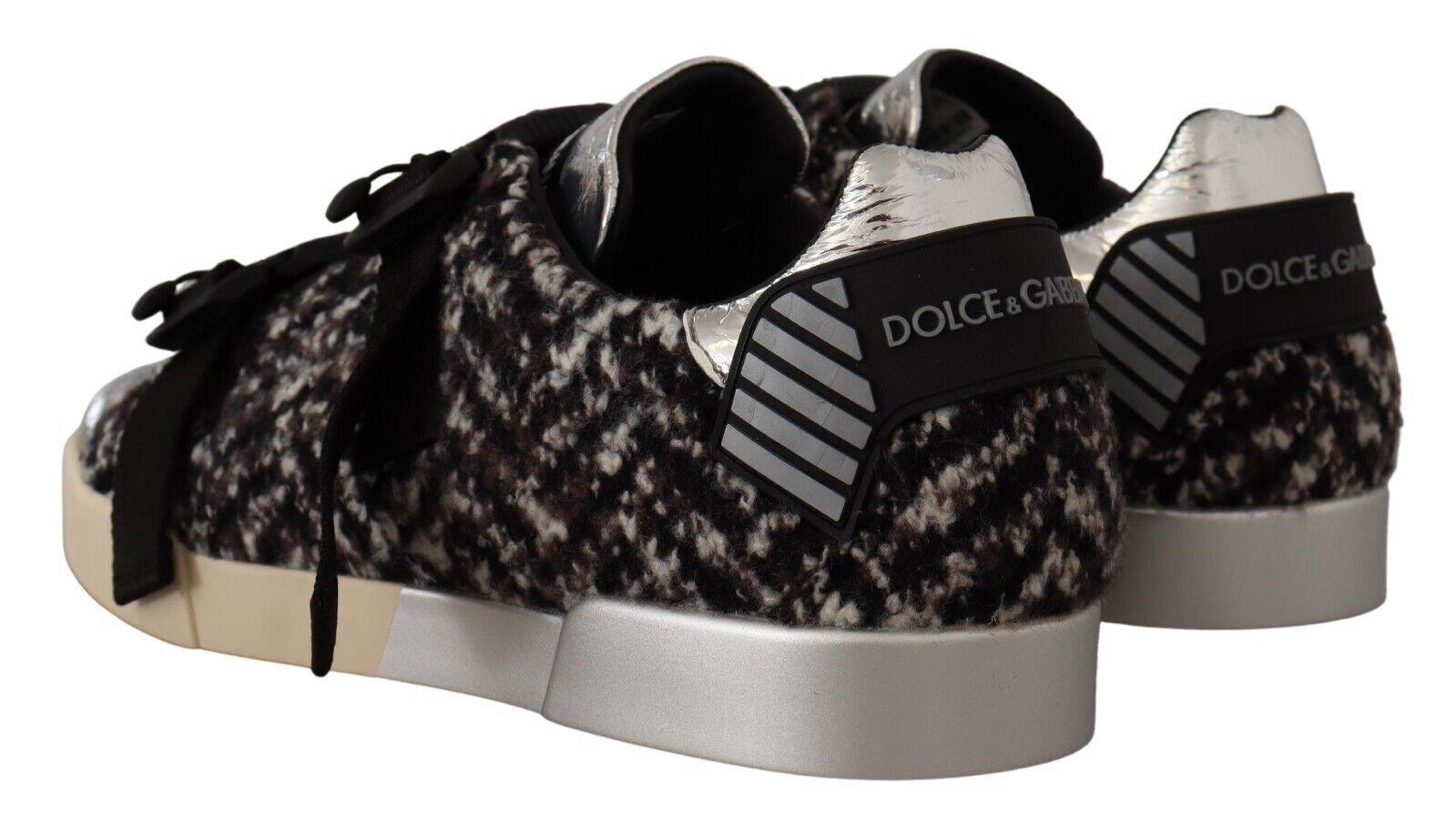 Dolce & Gabbana Silber Leder Braune Baumwolle Wolle Sneaker Schuhe