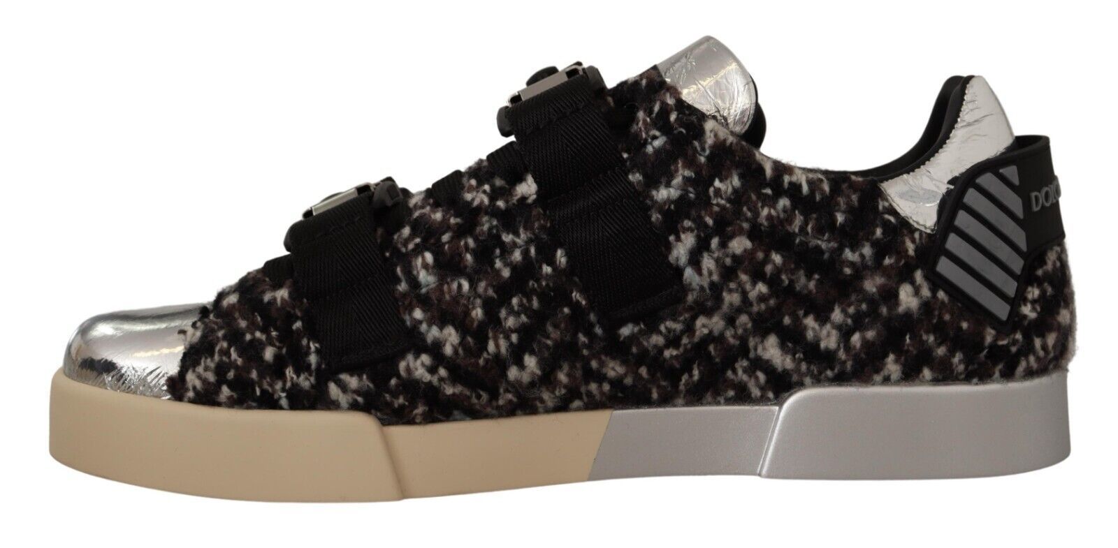 Dolce & Gabbana Silber Leder Braune Baumwolle Wolle Sneaker Schuhe