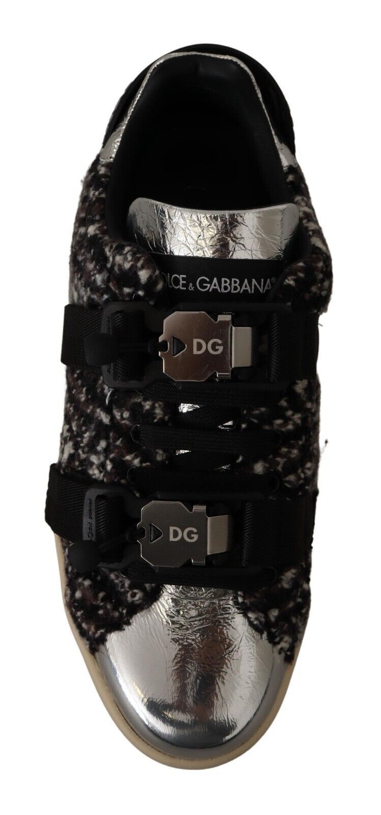 Dolce & Gabbana Silber Leder Braune Baumwolle Wolle Sneaker Schuhe