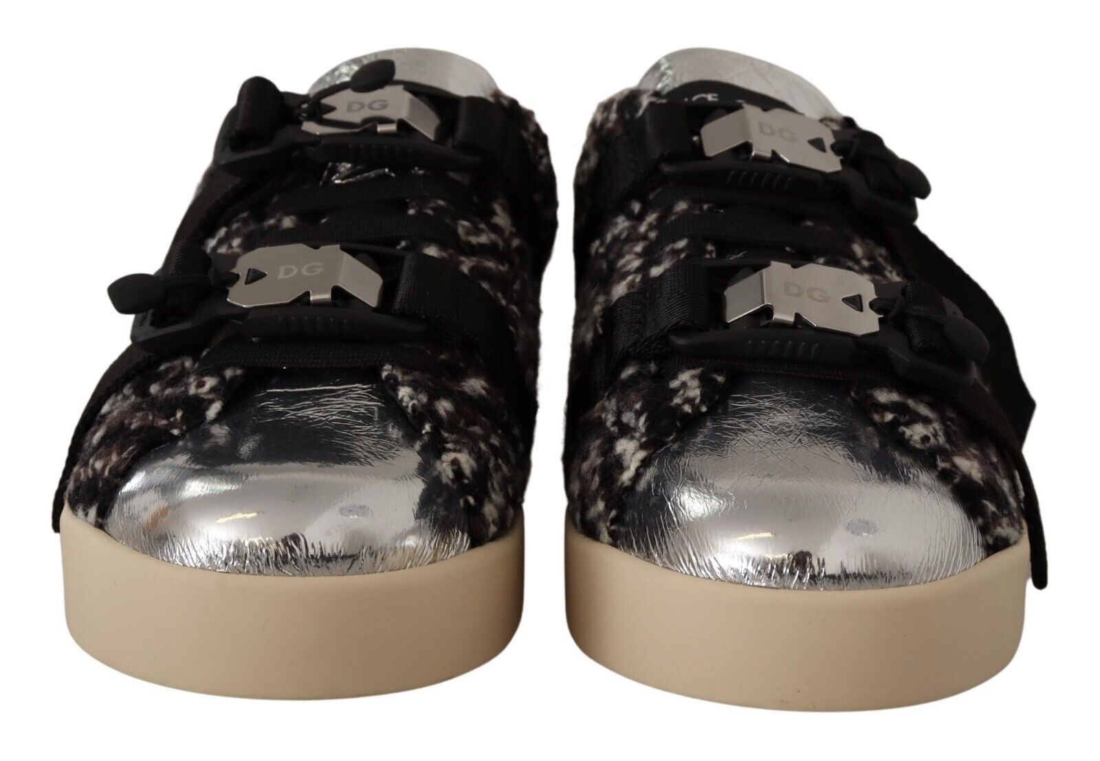 Dolce & Gabbana Silber Leder Braune Baumwolle Wolle Sneaker Schuhe
