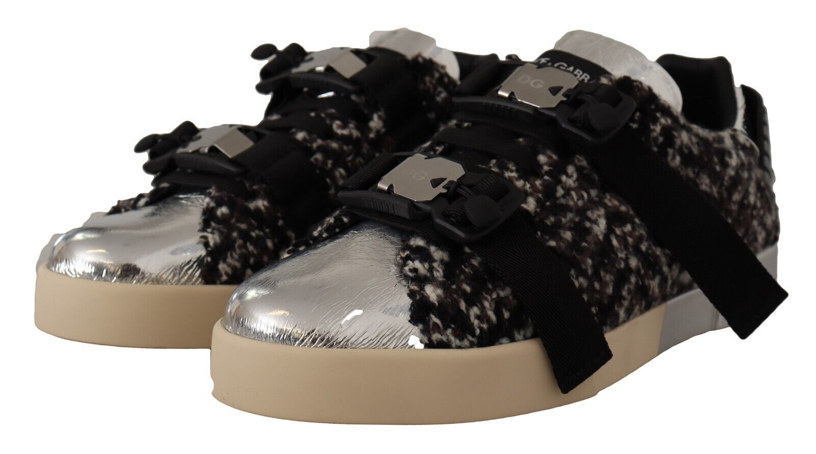 Dolce & Gabbana Silber Leder Braune Baumwolle Wolle Sneaker Schuhe