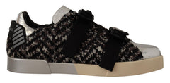 Dolce & Gabbana Silber Leder Braune Baumwolle Wolle Sneaker Schuhe