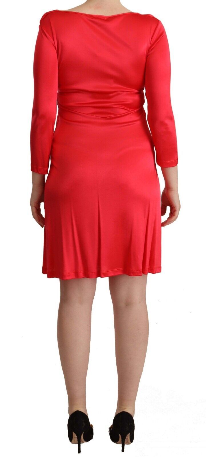 John Galliano rotes Viskosekleid mit 3/4-Ärmeln und tiefem Rundhalsausschnitt