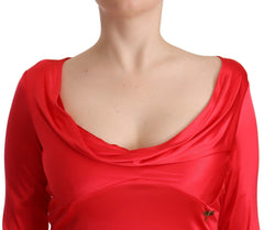 John Galliano rotes Viskosekleid mit 3/4-Ärmeln und tiefem Rundhalsausschnitt