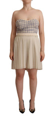 Guess Beige Geruite Geplooide A-lijn Strapless Bustier Jurk