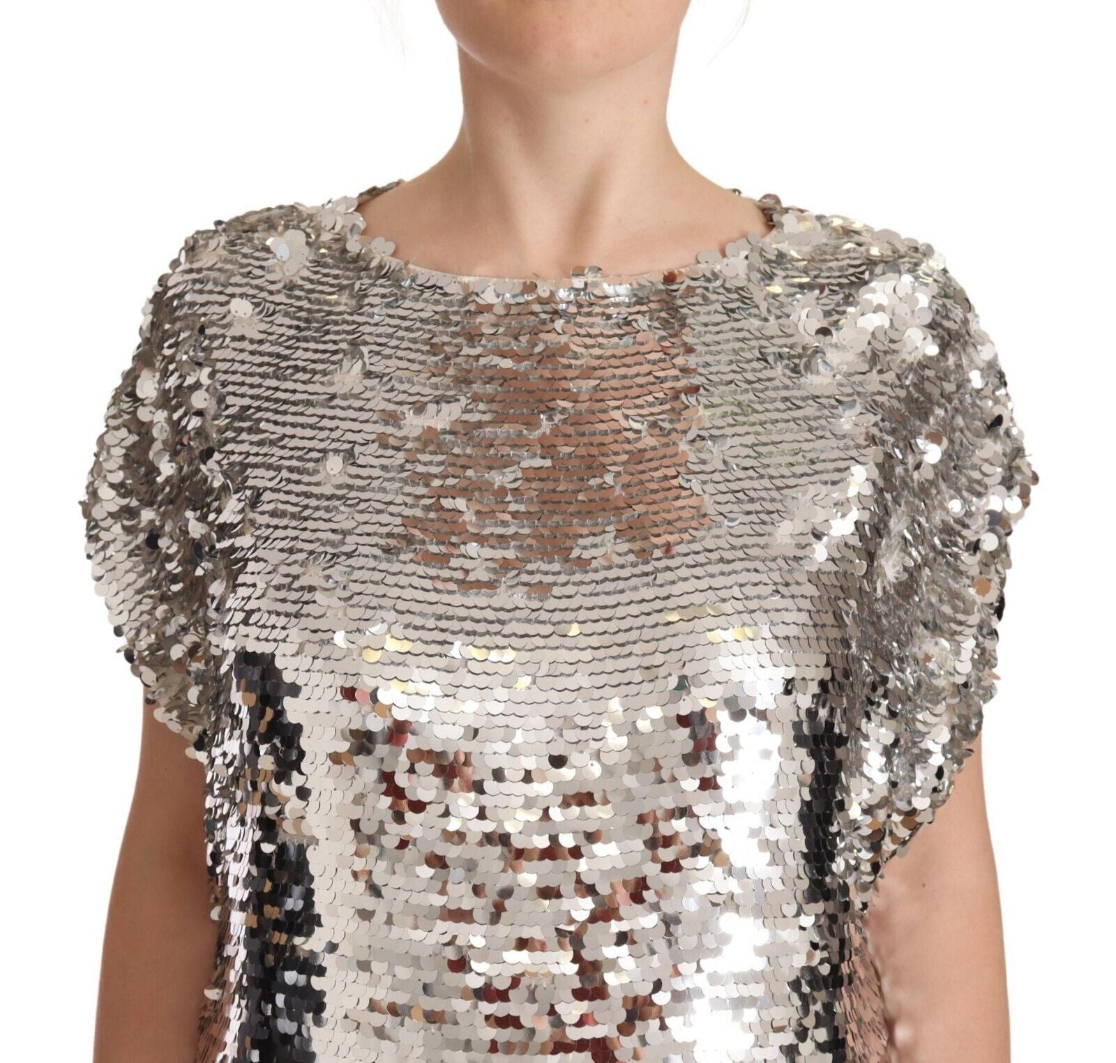 MSGM Silbernes Pailletten-Minikleid aus Polyester mit kurzen Ärmeln