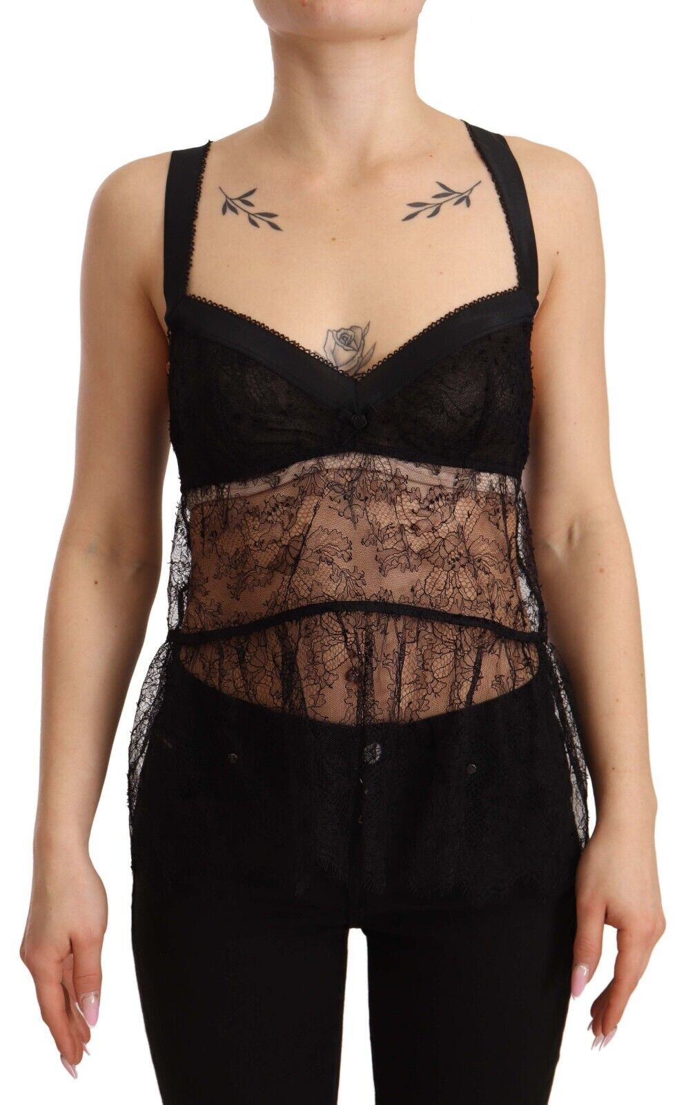 Dolce & Gabbana Schwarzes Babydoll-Top aus Seide mit Spitze und Nylon