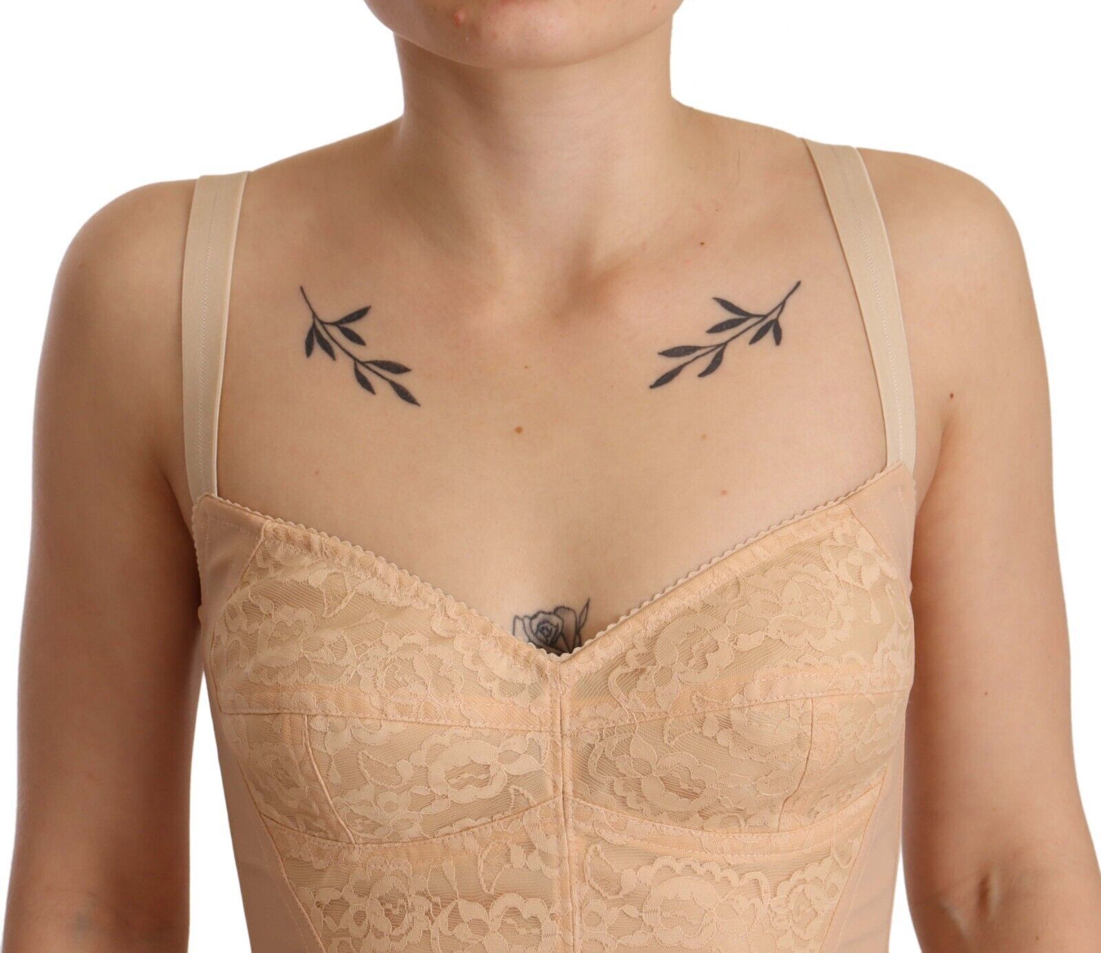 Dolce & Gabbana Beige Nylon Floral Kanten Bodysuit Ondergoed
