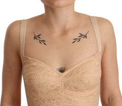 Dolce & Gabbana Beige Nylon Floral Kanten Bodysuit Ondergoed