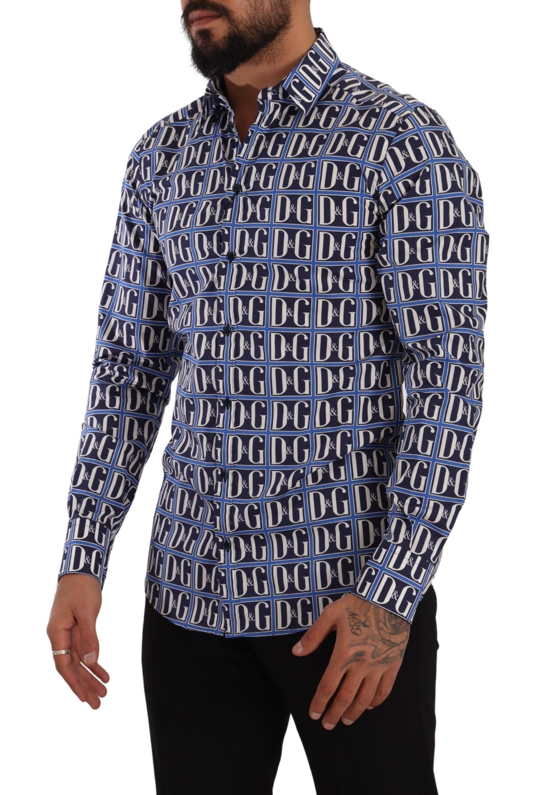 Dolce & Gabbana Blaues Logo Mania Hemd aus Baumwolle mit schmaler Passform
