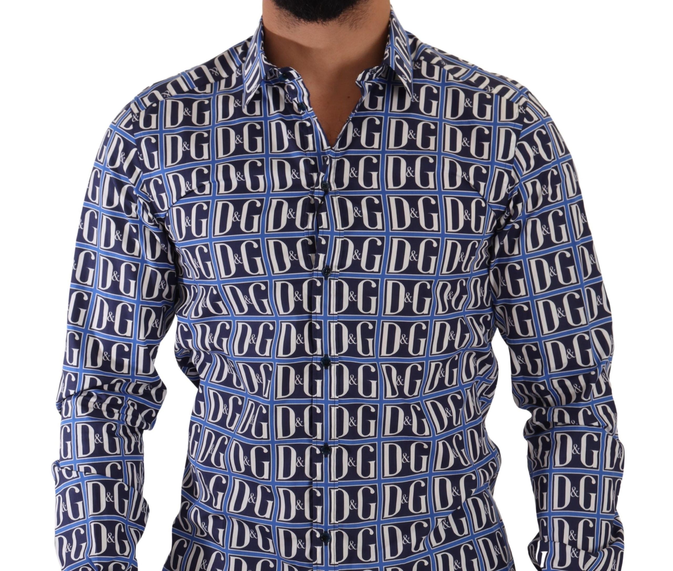 Dolce & Gabbana Blaues Logo Mania Hemd aus Baumwolle mit schmaler Passform