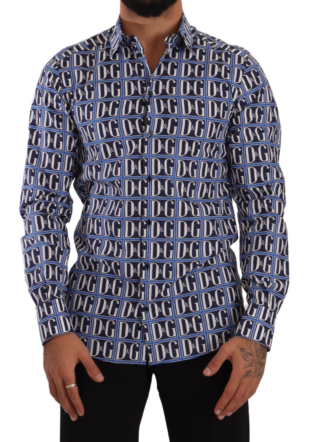 Dolce & Gabbana Blaues Logo Mania Hemd aus Baumwolle mit schmaler Passform