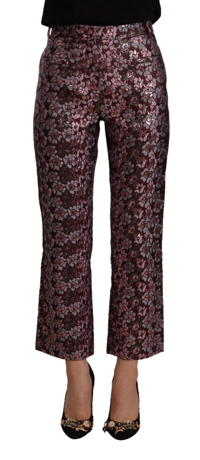 House of Holland Mehrfarbige Floral-Jacquard-Schlaghose mit verkürztem Schnitt