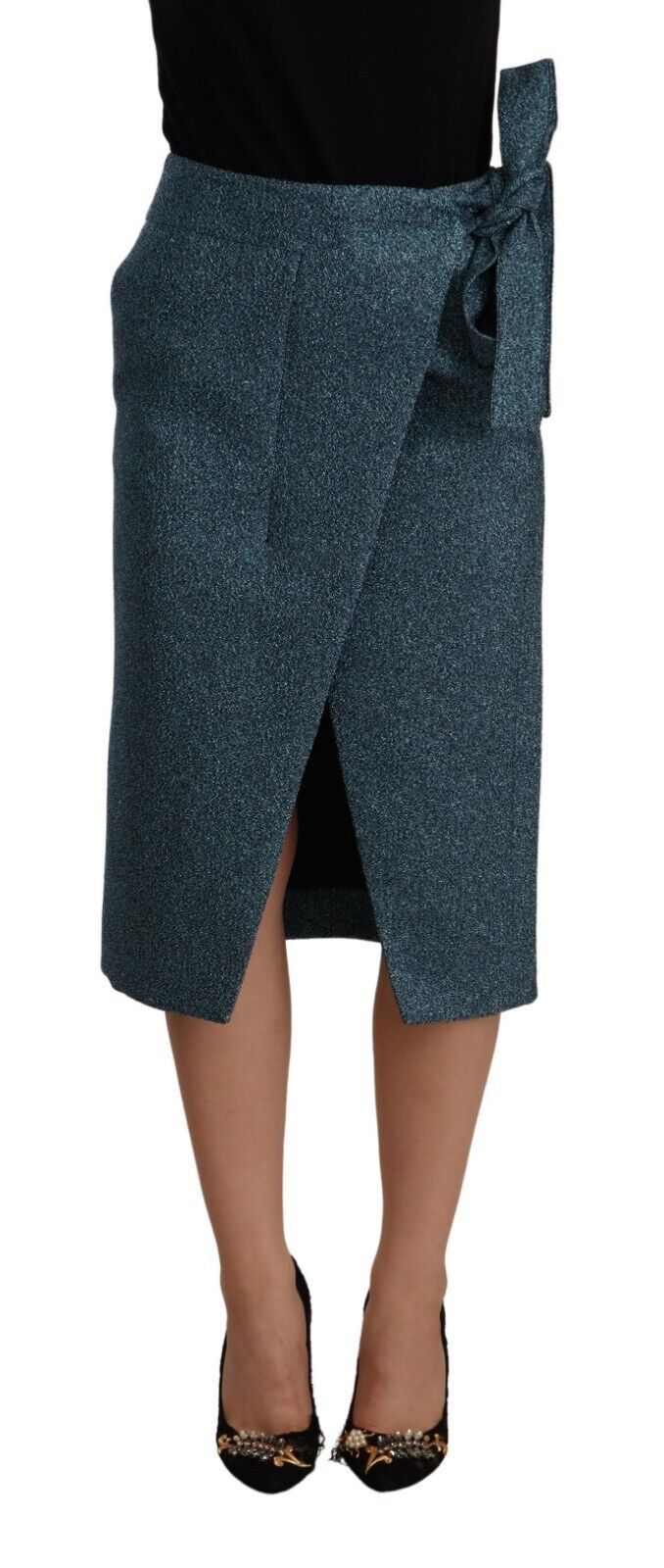Koonhor blauer Bleistiftrock mit hoher Taille im Wickelstil