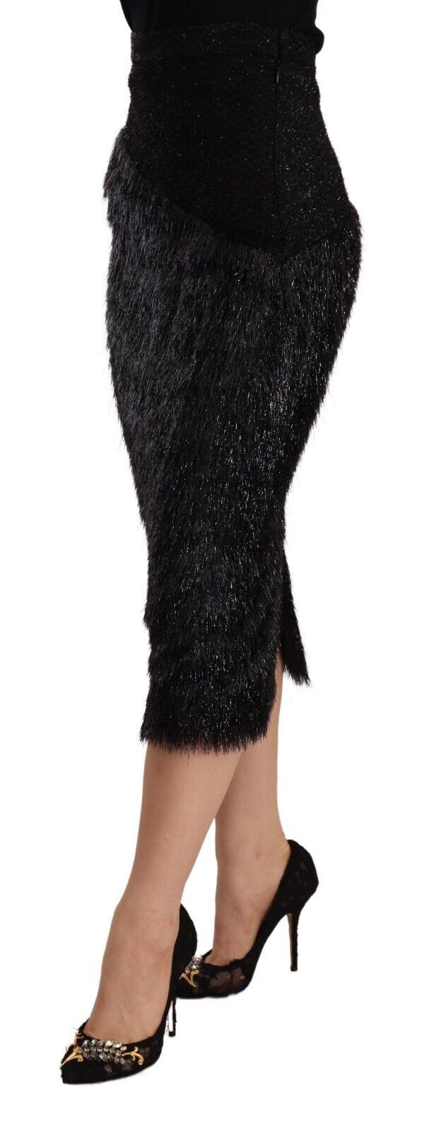 Masha Ma Schwarzer Lametta High-Waist Bleistift-Midi-Viskoserock