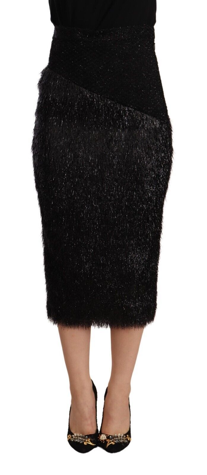 Masha Ma Schwarzer Lametta High-Waist Bleistift-Midi-Viskoserock