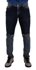Dolce & Gabbana Blauwe Tweekleurige Gerafelde Katoenen Slim Denim Jeans