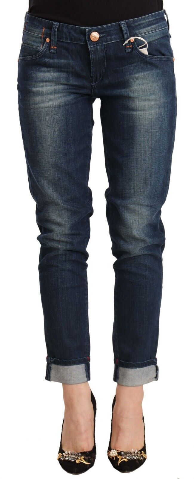 Acht Blue Washed Low Waist Skinny Denim Jeans mit gefaltetem Saum