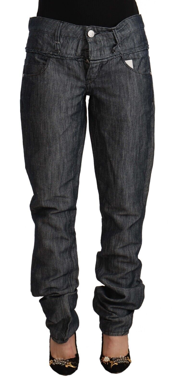 Acht Dunkelgraue Ramie-Denim-Jeans mit geradem Bein und mittelhohem Bund