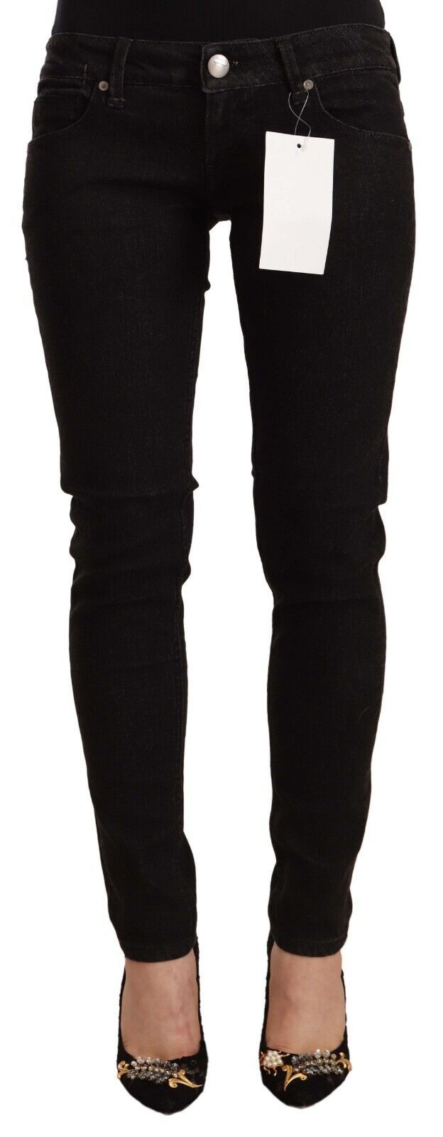 Schwarze Skinny-Jeans aus Baumwolle mit niedriger Leibhöhe, Acht