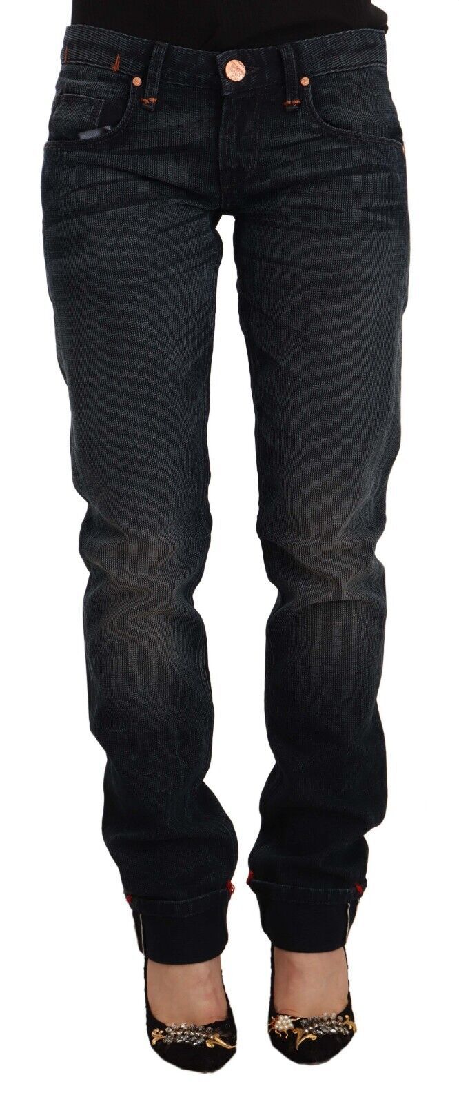 Acht schwarze Washed Cotton Skinny Denim Low Waist Jeans