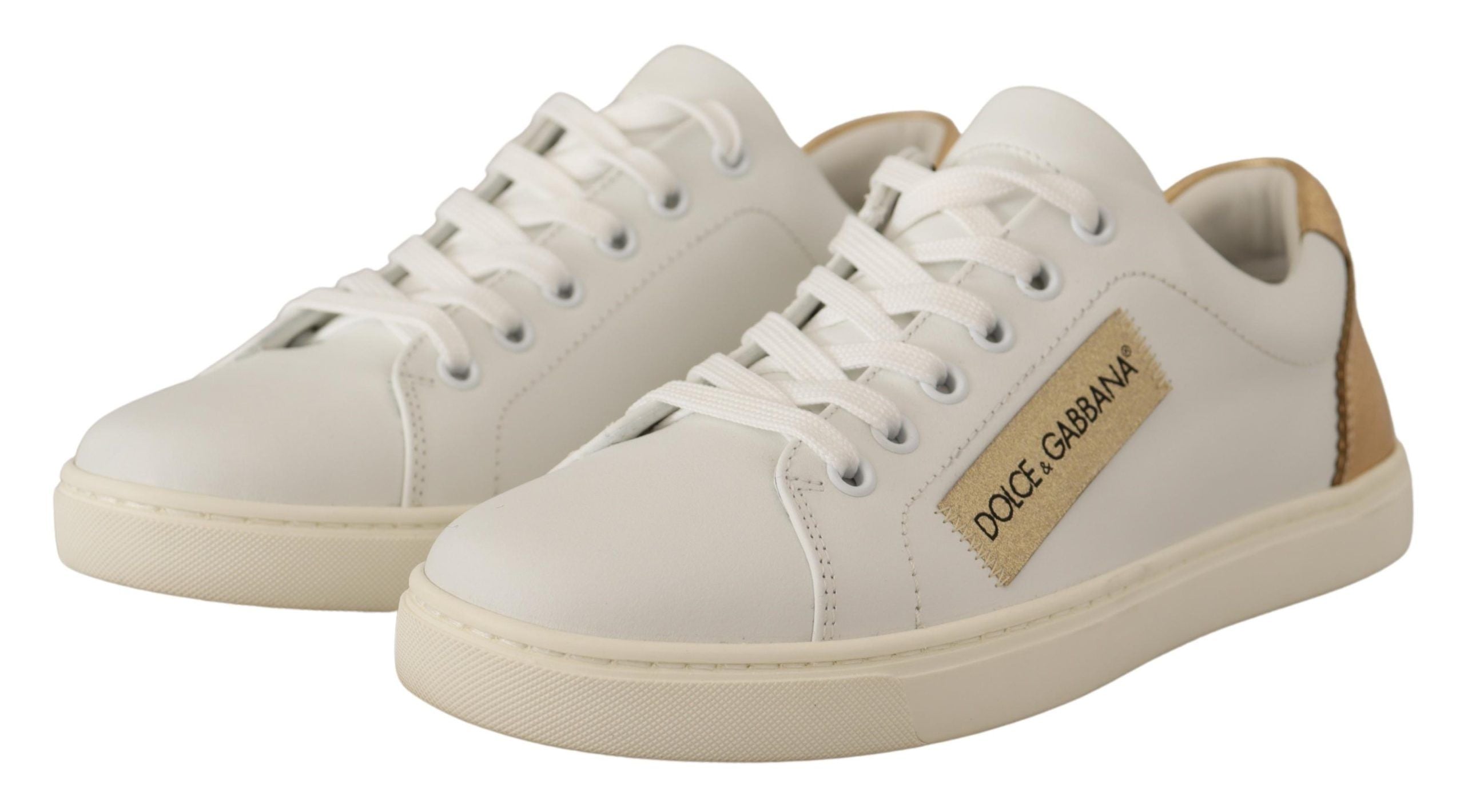 Dolce & Gabbana Weiße Low-Top-Sneakers aus Leder mit Gold-Details