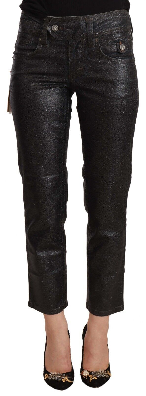 John Galliano Schwarze Glitzernde Baumwoll-Cropped-Hose mit mittlerer Taille