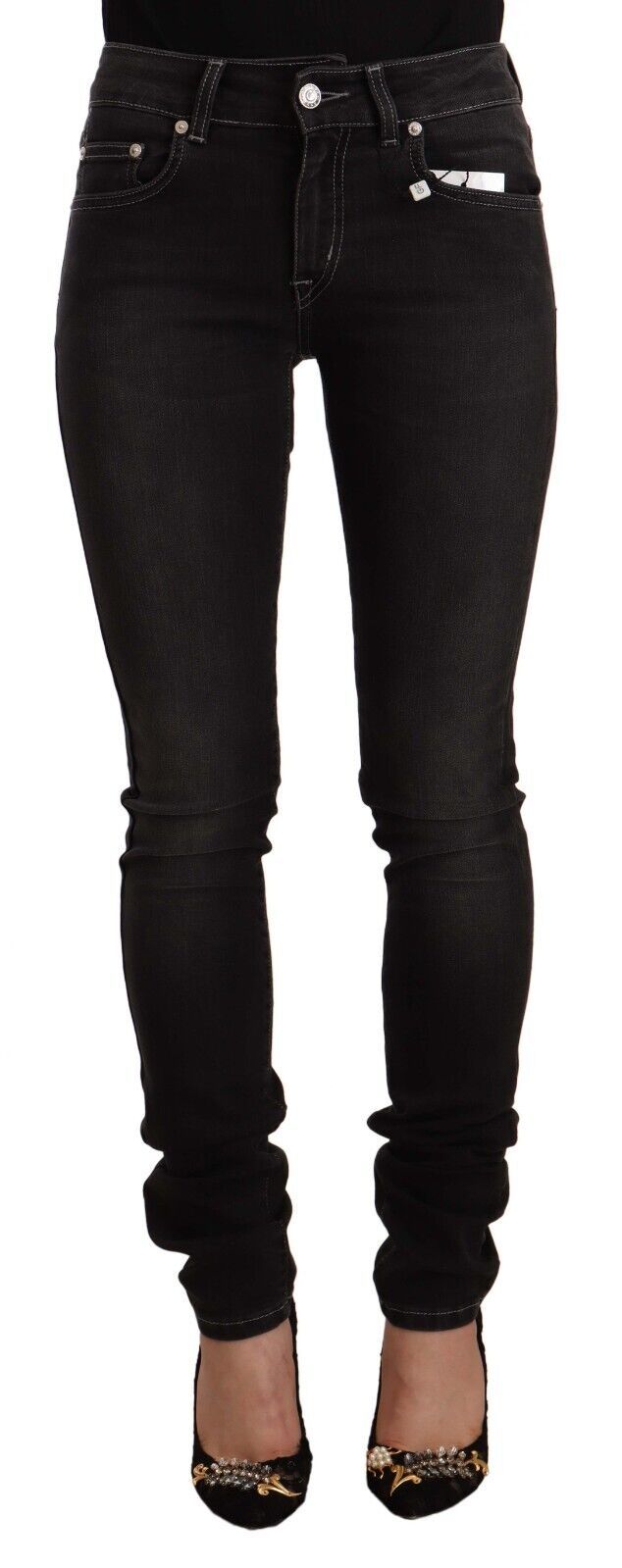 GF Ferre Black Washed Mid Waist Baumwoll-Skinny-Slim-Fit-Jeans