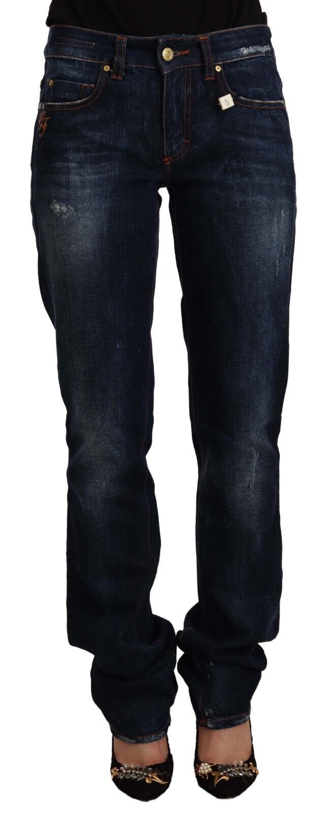 GF Ferre Dunkelblaue, gewaschene Jeans aus Baumwoll-Denim mit geradem Bein und mittelhohem Bund