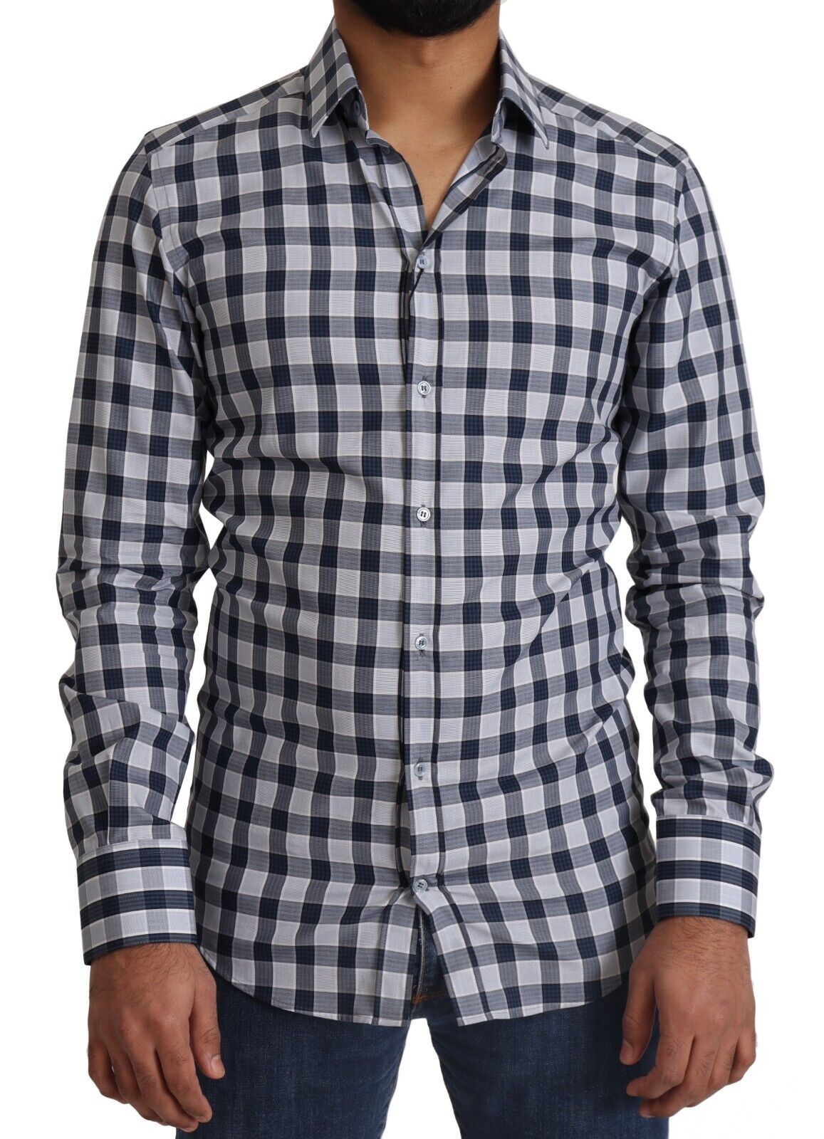 Dolce & Gabbana Blau Weiß Kariertes Baumwoll Slim Fit GOLD Hemd