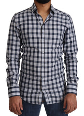 Dolce & Gabbana Blau Weiß Kariertes Baumwoll Slim Fit GOLD Hemd