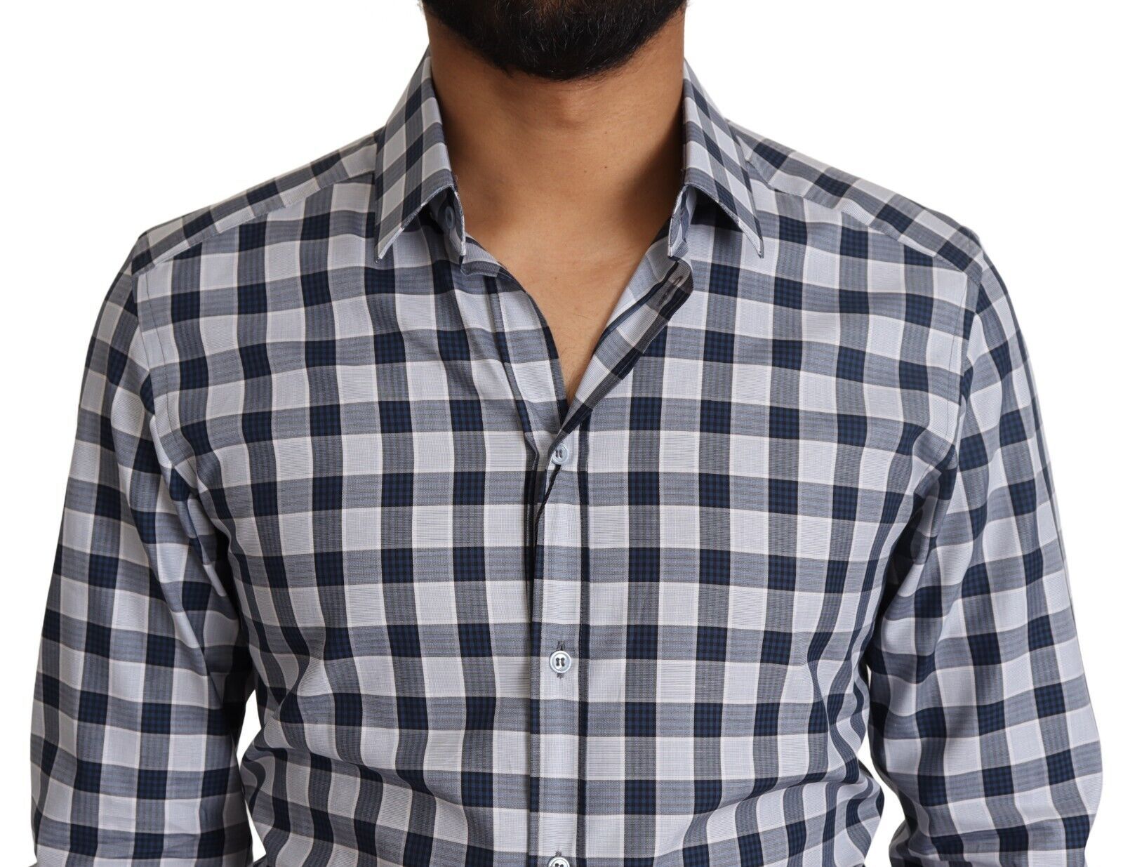 Dolce & Gabbana Blau Weiß Kariertes Baumwoll Slim Fit GOLD Hemd