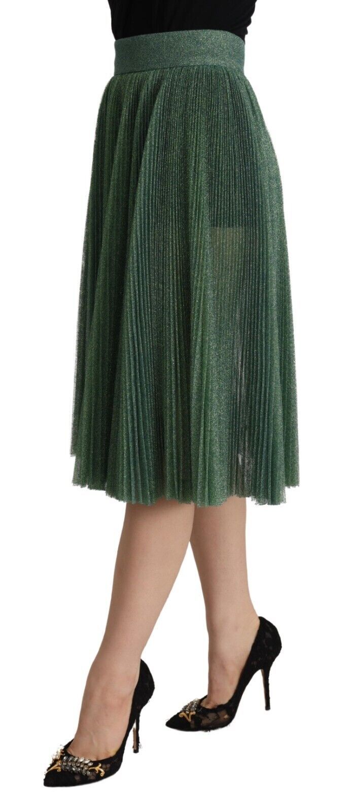 Dolce & Gabbana Metallicgrüner High-Waist A-Linien Faltenrock