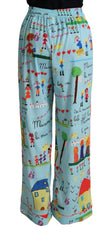 Dolce & Gabbana Light Blue Drawing Mid Waist Wide Leg Broek
