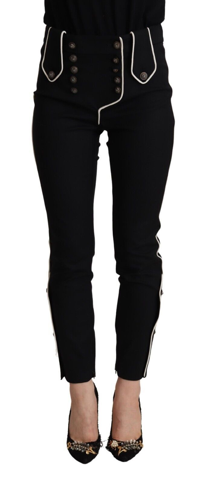 Dolce & Gabbana Schwarze Mid-Waist Hose mit Knopfverzierungen und schmaler Passform